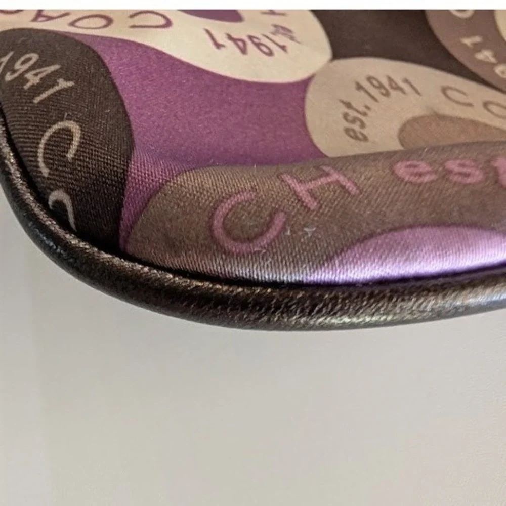Coach Purple Brown Op Art Circle Logo Sateen Leather Trim Wristlet Pouch Bag